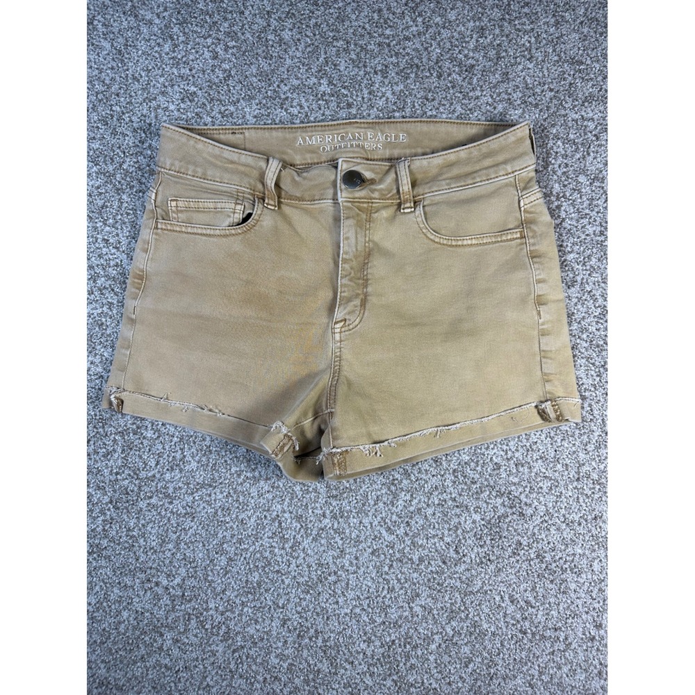 American Eagle Hi-Rise Shortie Khaki Tan Super Stretch Denim Shorts Size 10